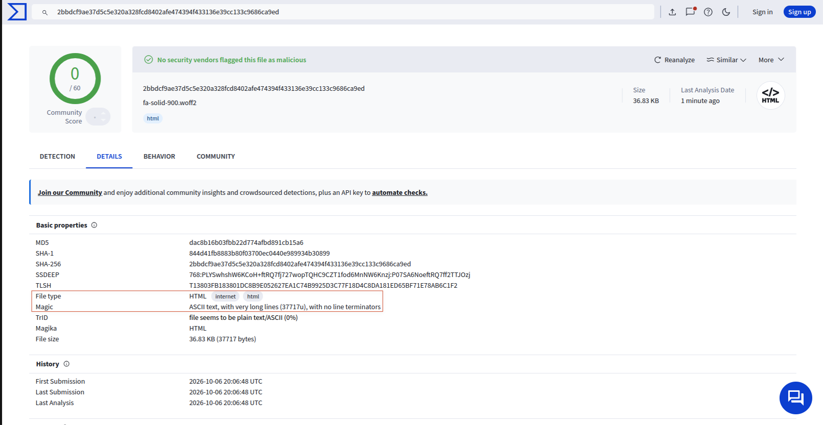 VirusTotal file properties